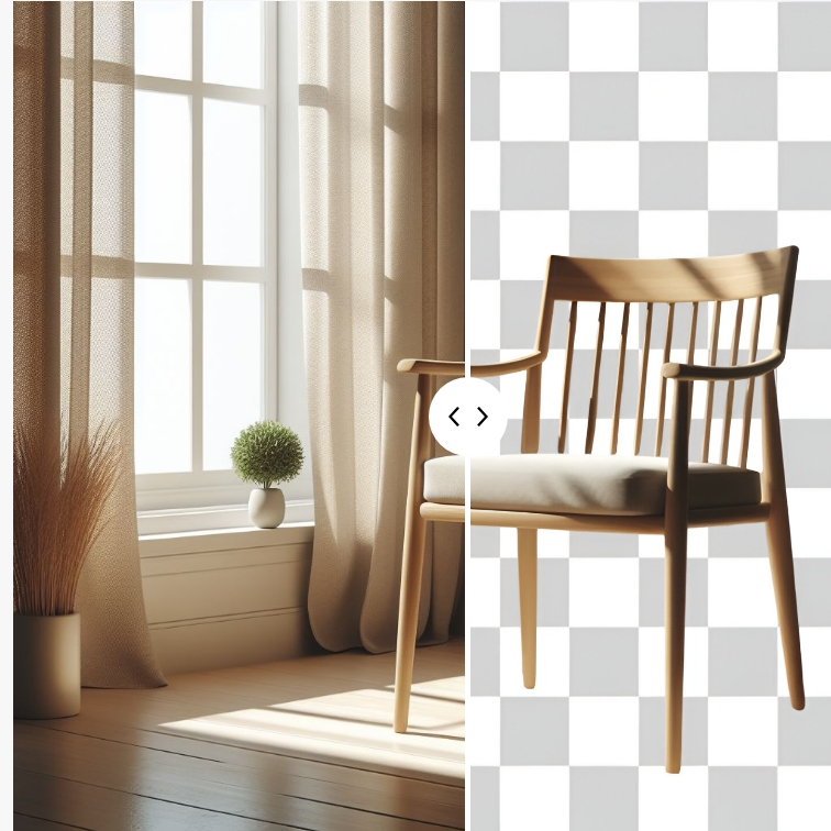 A visual demonstration of the expert image editing services available at ACERLINX. The image shows a chair against an AI generated background on one side and a removal of the background on the other.